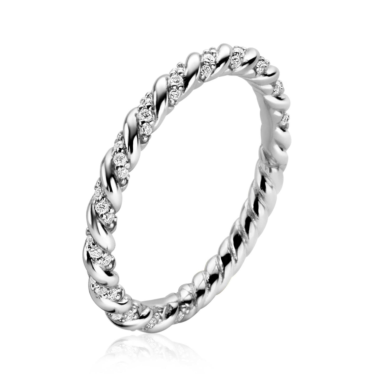 anello in argento con design intrecciato e dettagli di zirconi brillanti