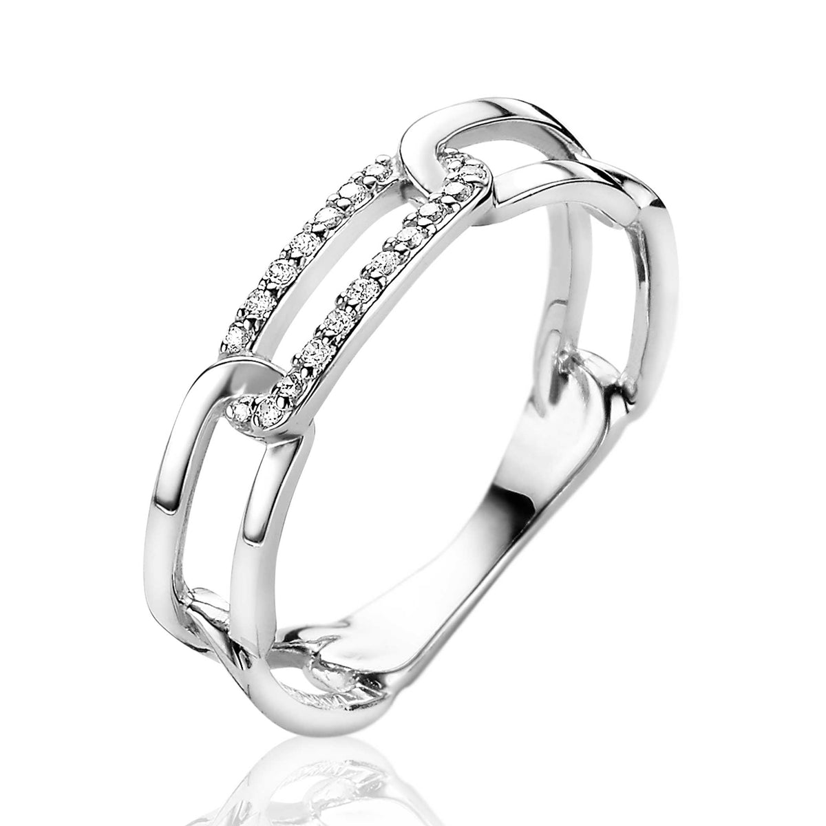 Anello in argento con dettagli in zirconia, design a catena con elementi intrecciati.