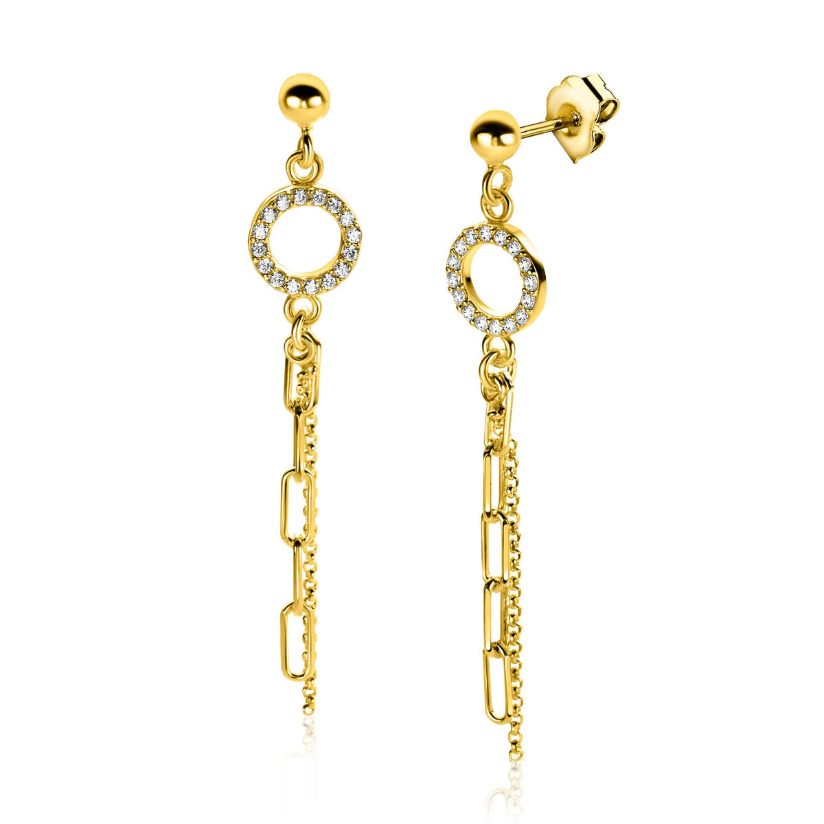Orecchini pendenti placcati oro con cerchio decorato di zirconi e catena.