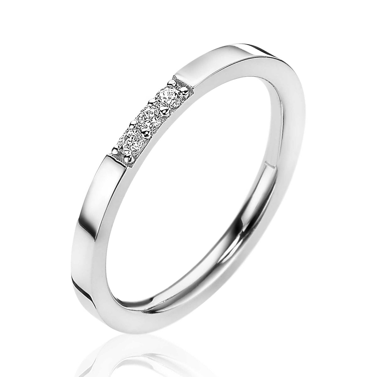 Anello in argento con cinque piccoli diamanti incastonati su un lato.