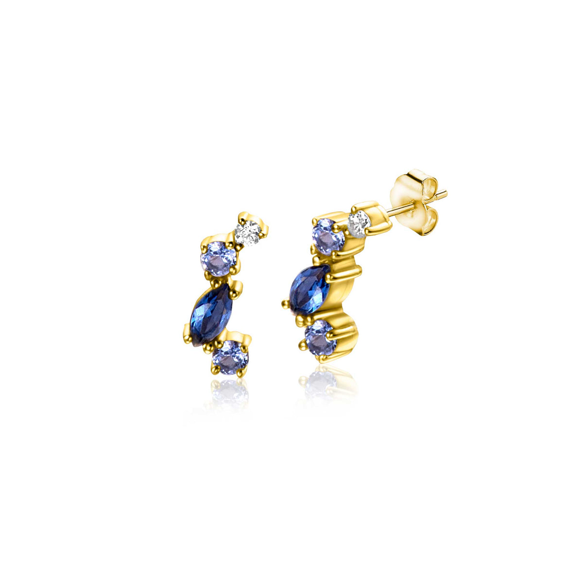 Orecchini in oro con pietre blu e bianche, design moderno e dettagli luminosi.