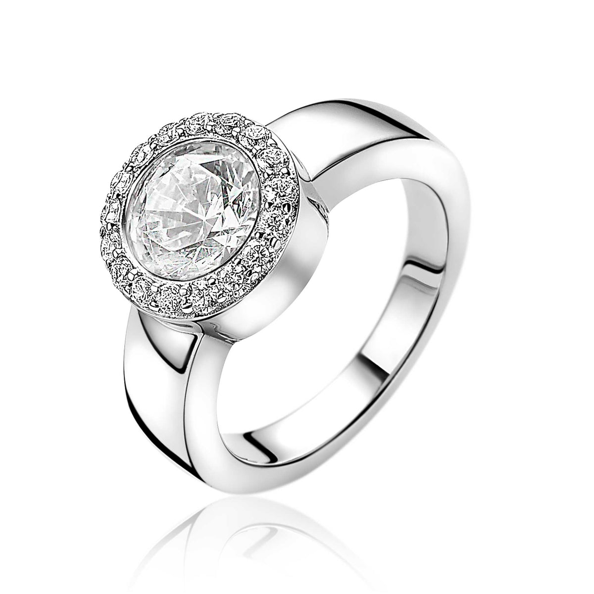 Anello in argento con pietra centrale rotonda e zirconi scintillanti.