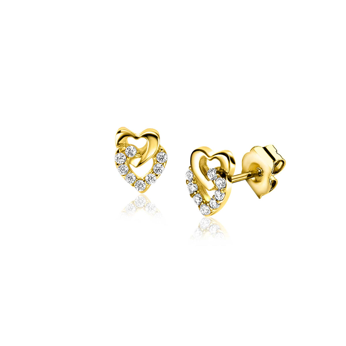 Orecchini d'oro a forma di cuore con zirconi.