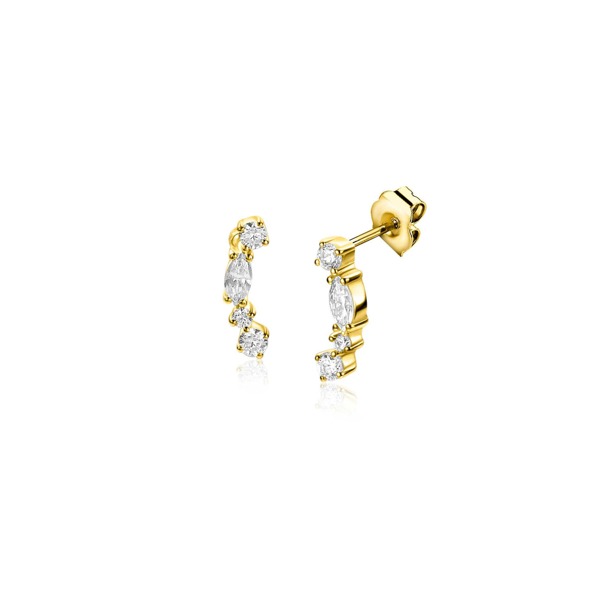 Orecchini in oro con pietre brillanti di diverse forme.