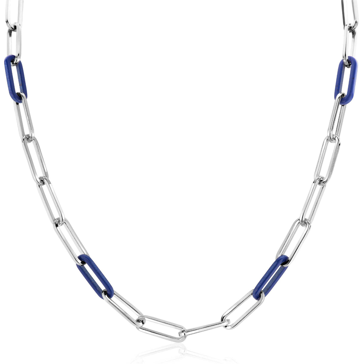 Collana in argento con maglie alternate blu e argentate.
