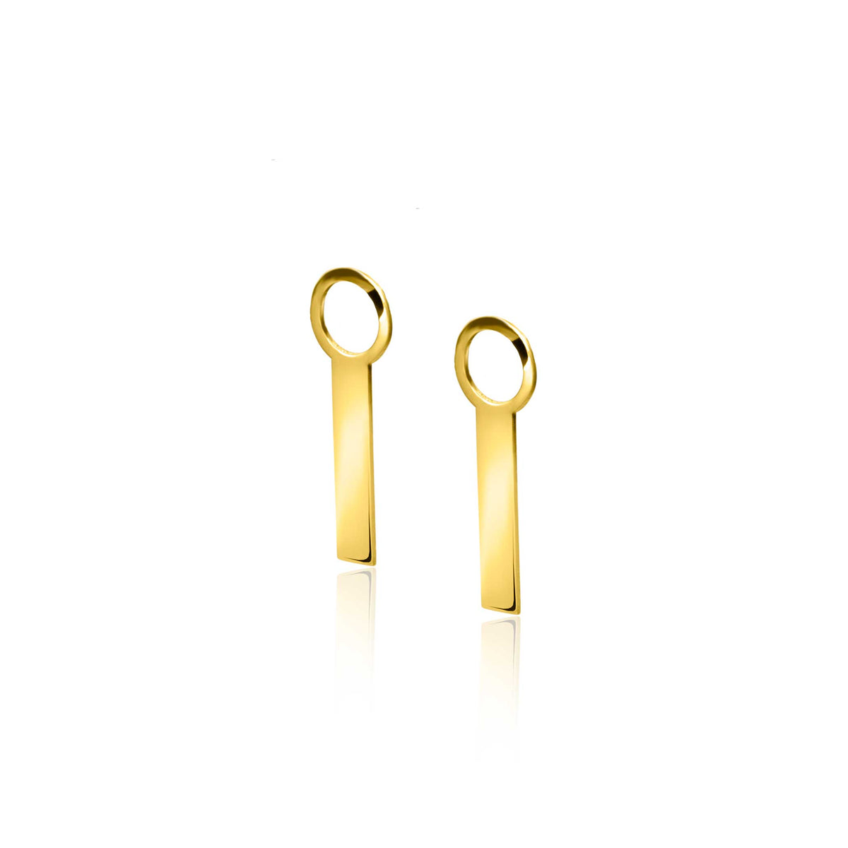 Orecchini in oro con forma rettangolare e anello superiore.