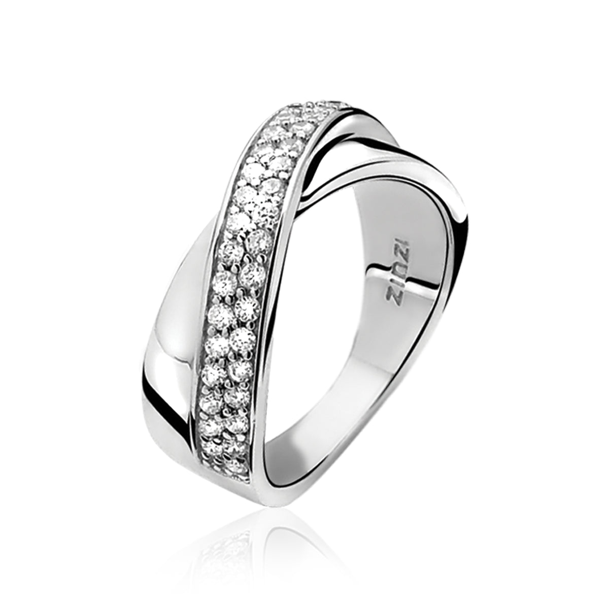 Anello in argento con zirconia, design ondulato e fascia centrale decorata.