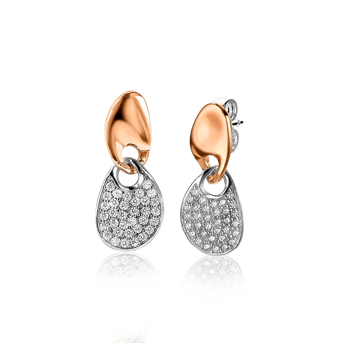 Orecchini in oro rosa e argento con pendente a goccia e dettagli scintillanti.