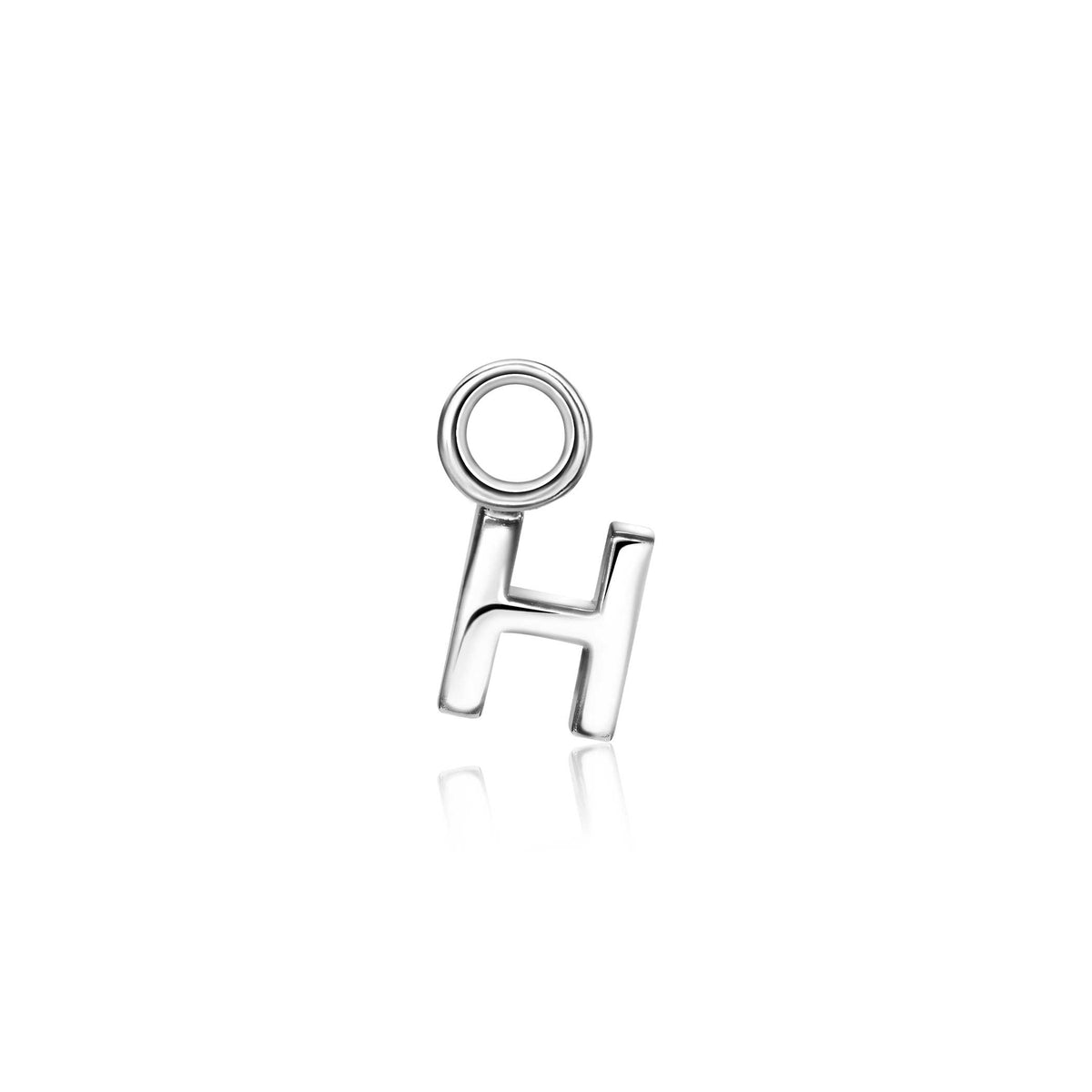 Orecchino in argento a forma di lettera H con anello superiore.