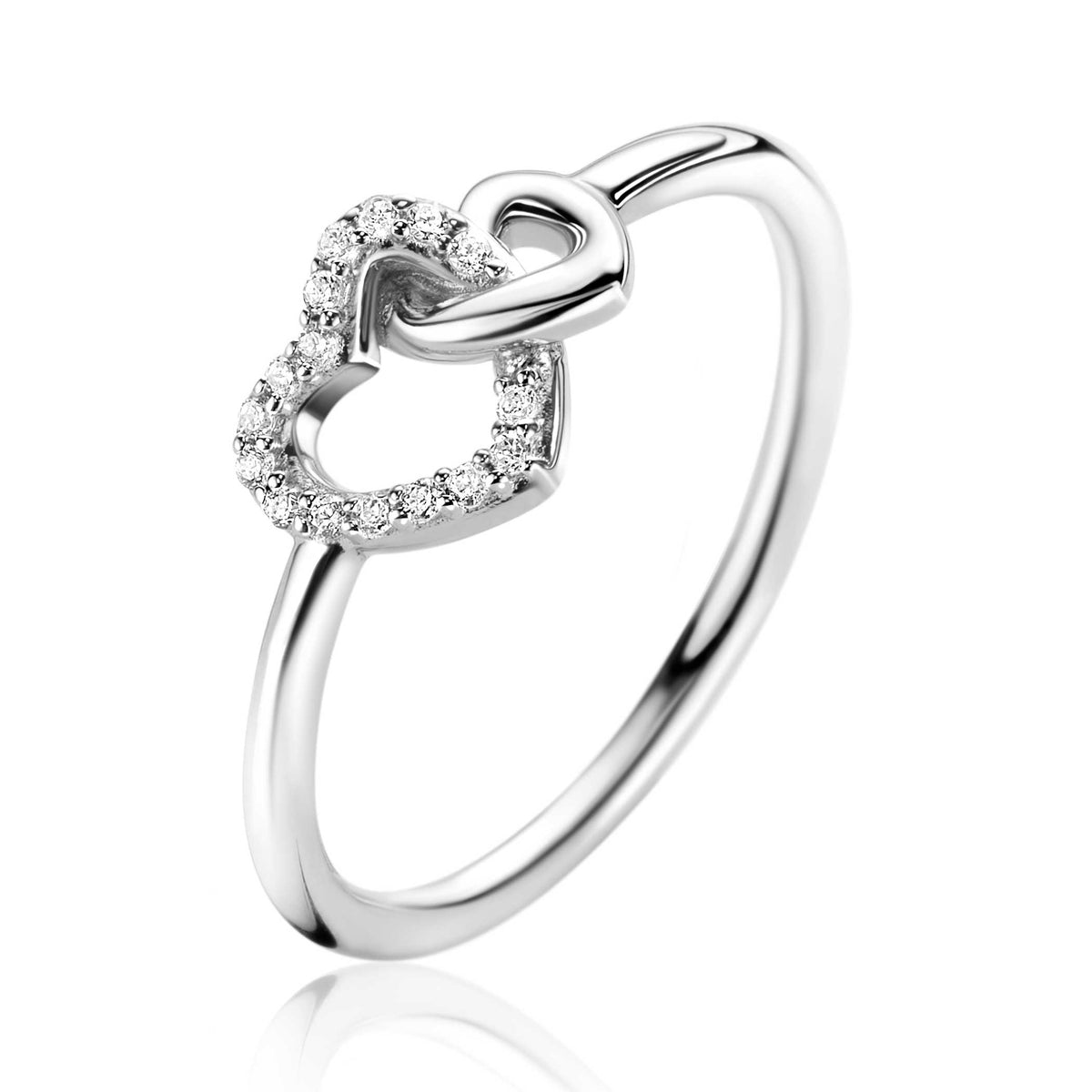 Anello in argento con due cuori intrecciate decorate con zirconi.