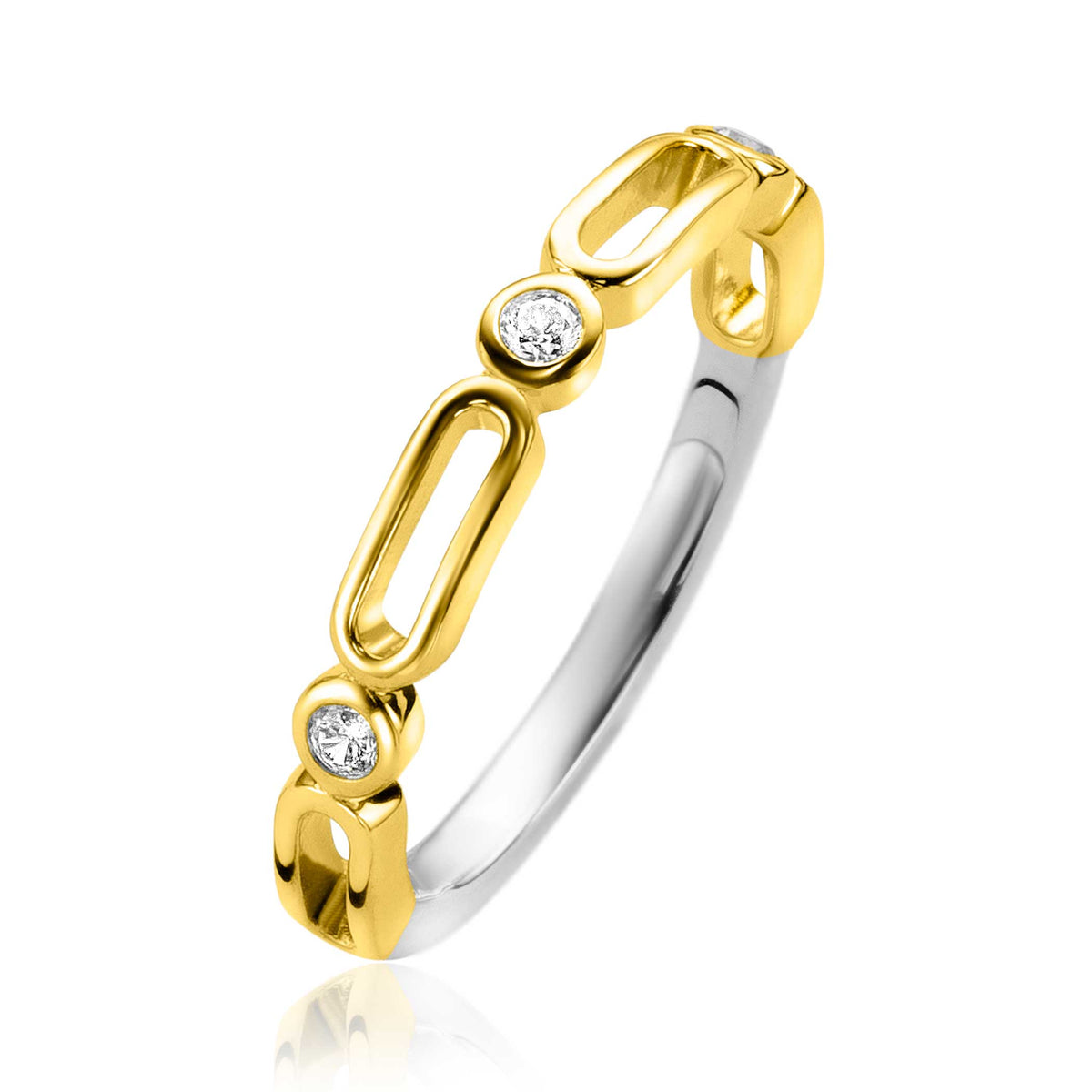 Anello placcato oro con dettagli argentati e zirconi.