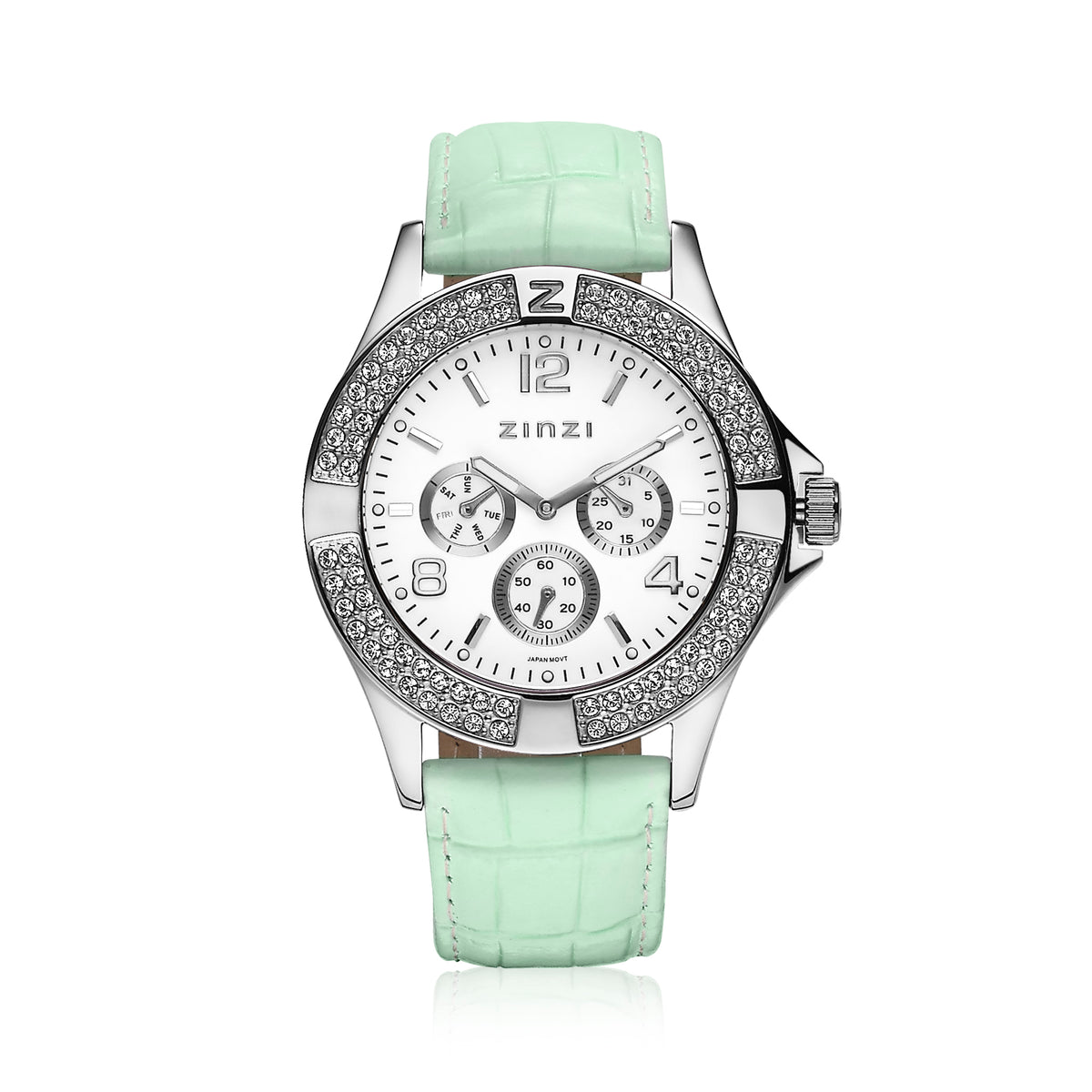 Orologio in acciaio argentato con quadrante bianco e cinturino in pelle verde menta, decorato con cristalli.