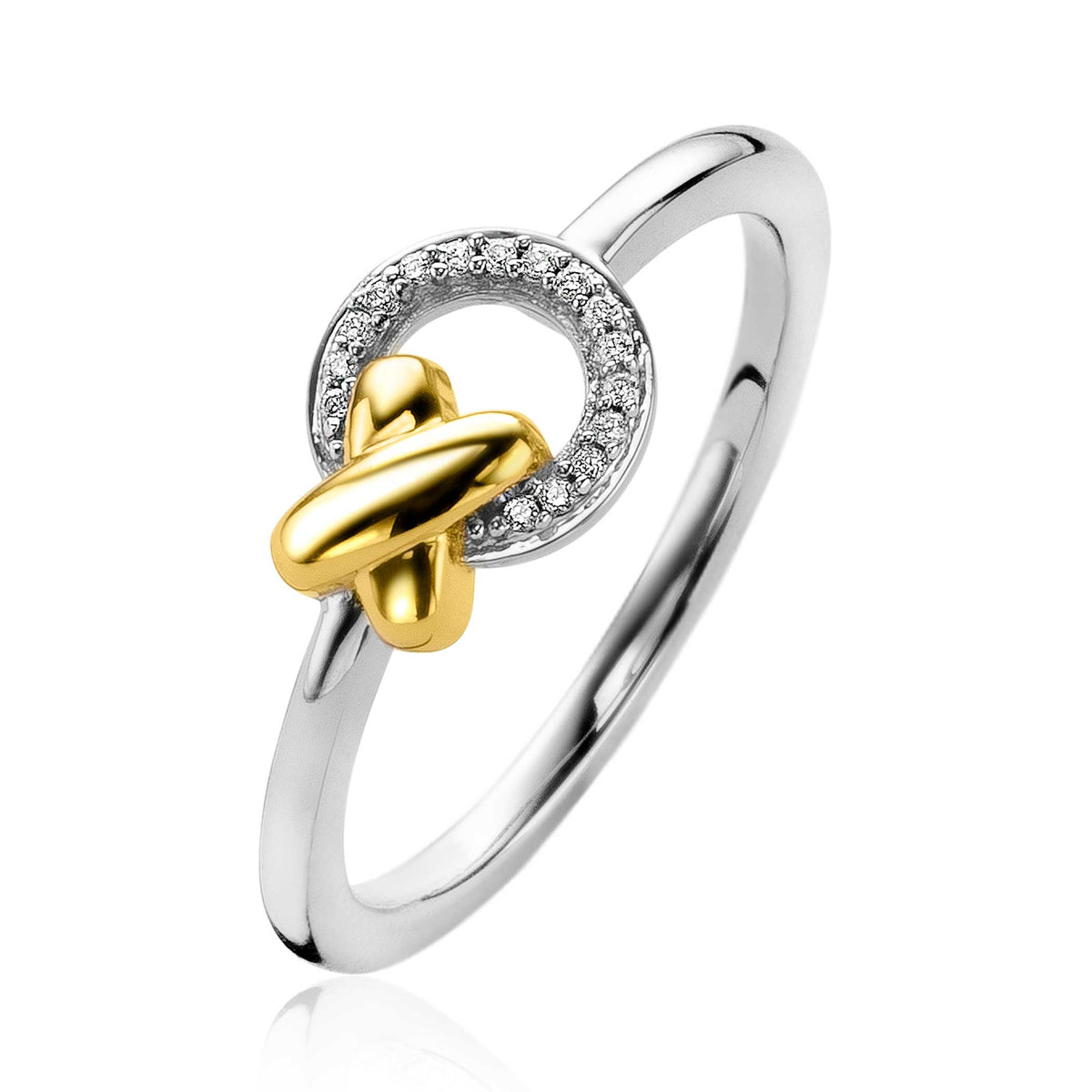 Anello placcato oro con dettaglio intrecciato e zirconi.