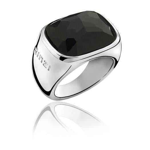 anello in argento con pietra nera sfaccettata e finitura lucida
