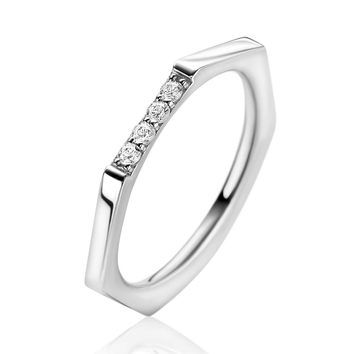 anello in argento con pietre brillanti, forma esagonale e finitura lucida.