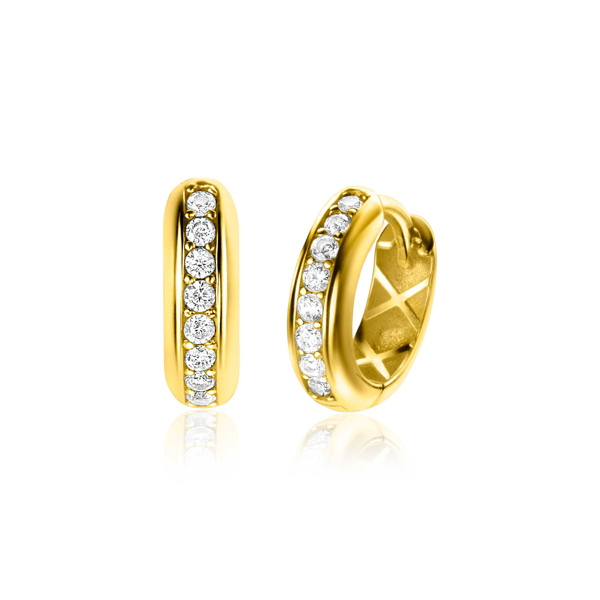 Orecchini in oro con pietre brillanti, forma cilindrica e finitura lucida.