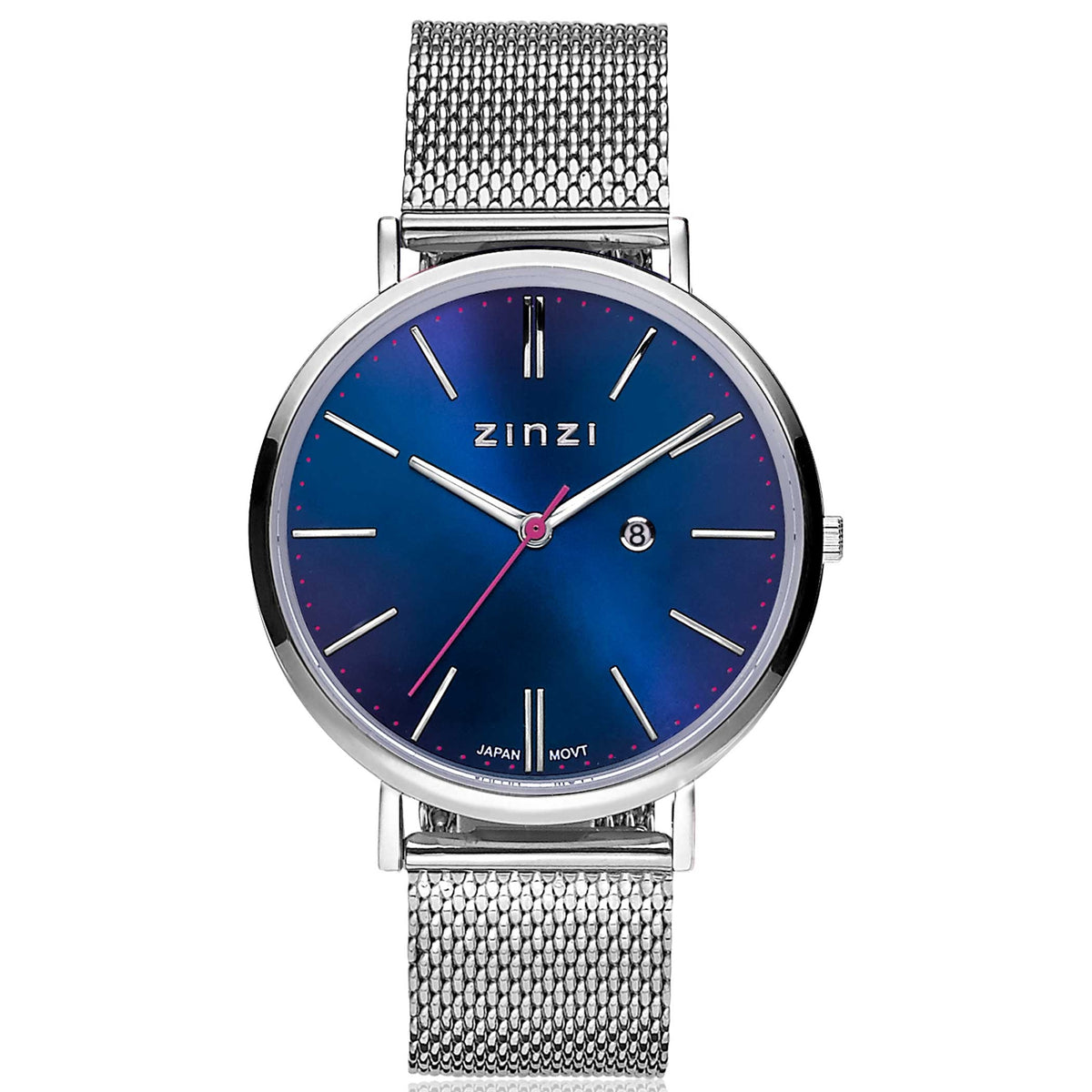 Orologio in acciaio color argento con quadrante blu e cinturino a maglia rolò.