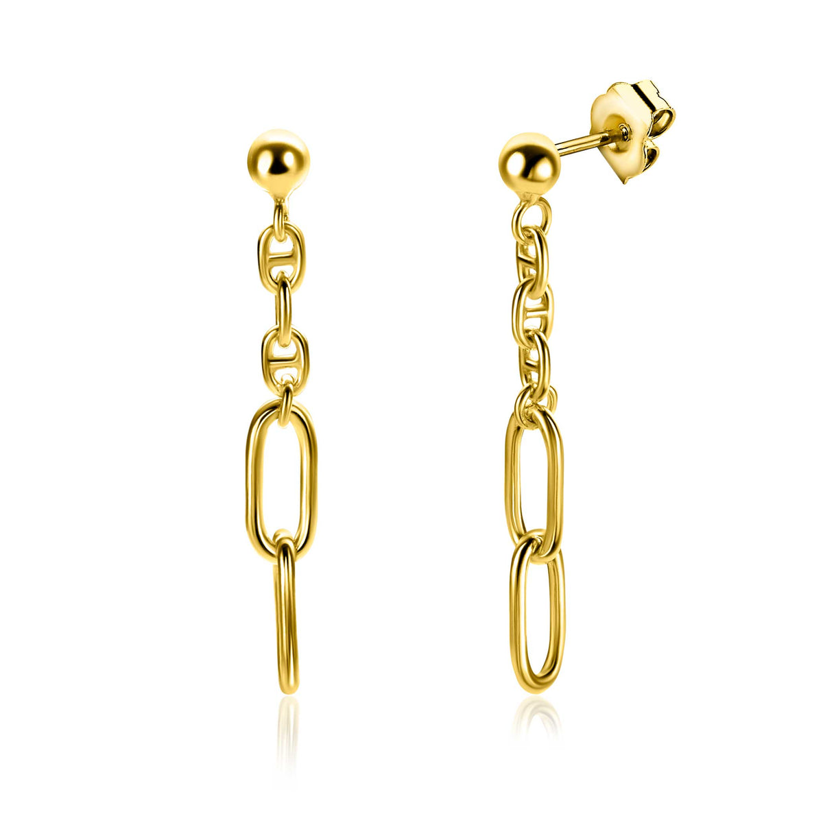 Orecchini pendenti in oro giallo con maglie ovali e perno.