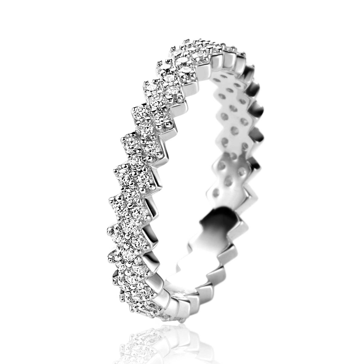 anello d'argento con zirconi, design a zigzag, finitura lucida