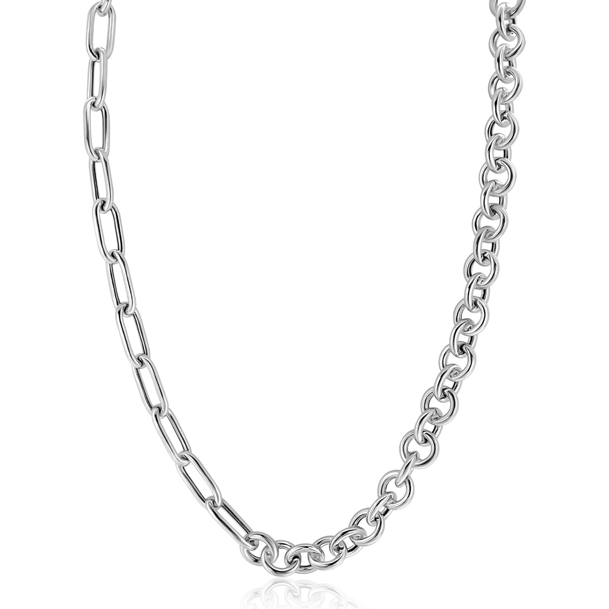 Collana in argento con maglia rolò e dettagli a catena.