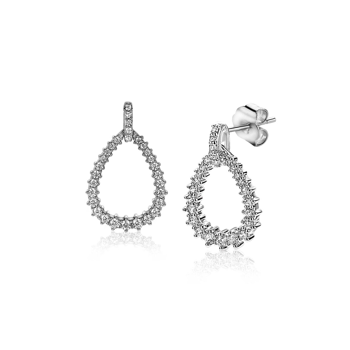 Orecchini in argento a forma di goccia con zirconi brillanti.