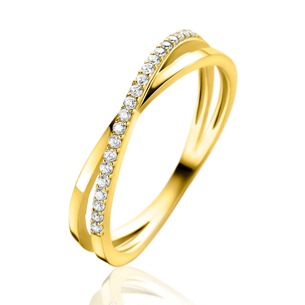 Anello in oro con una fila di zirconi, design intrecciato.