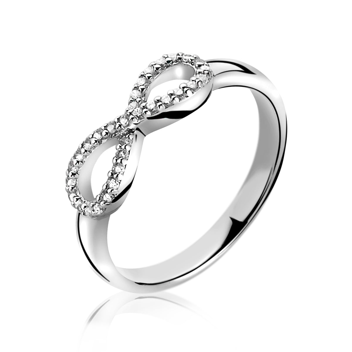 anello in argento con motivo infinito e pietre scintillanti