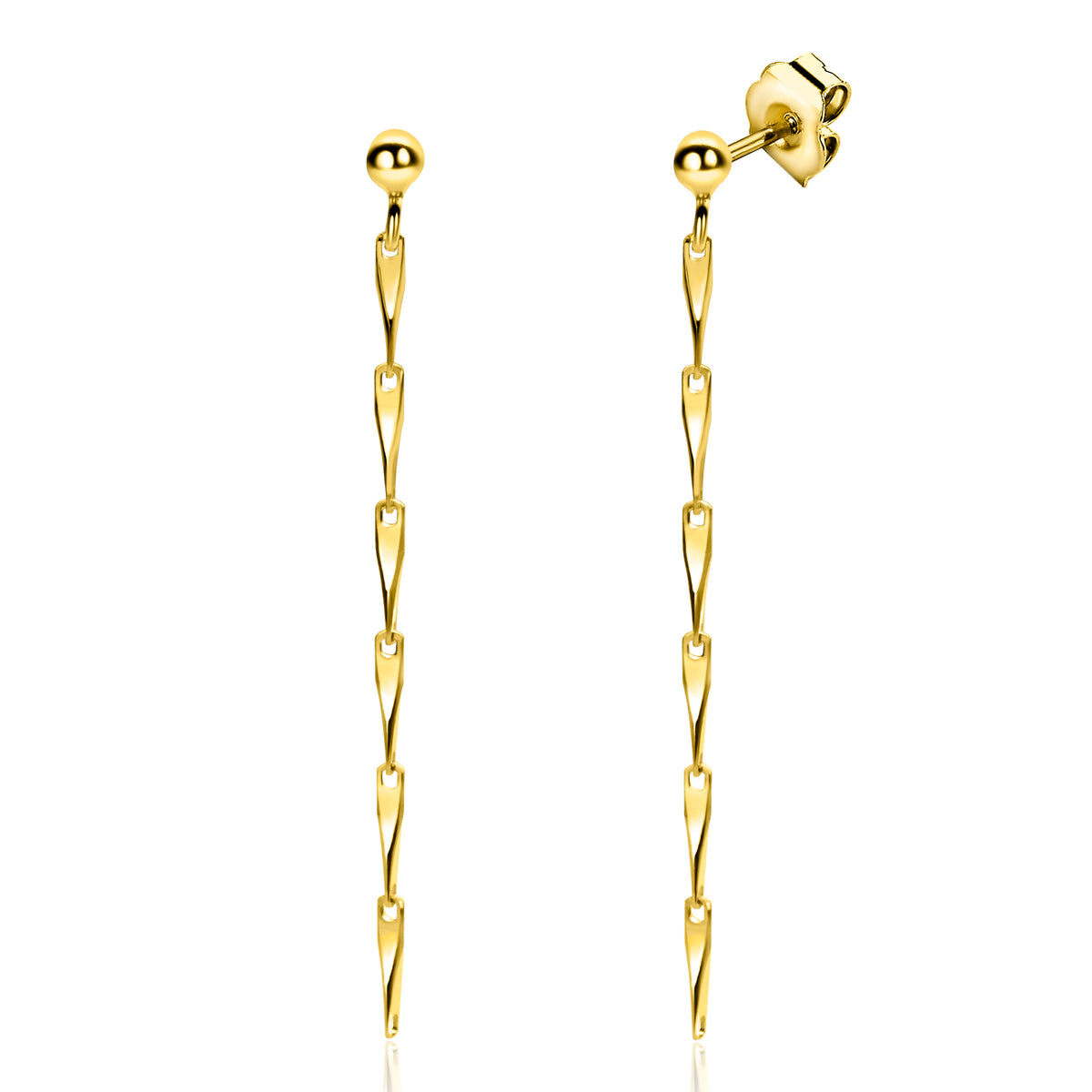 Orecchini pendenti in oro giallo con design a catena e dettagli geometrici.