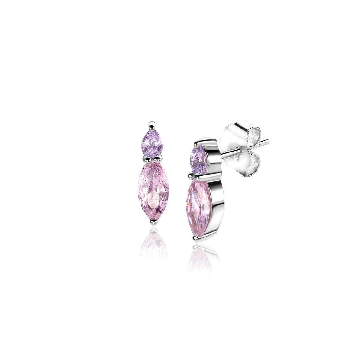 Orecchini in argento con pietre rosa a forma di marquise.