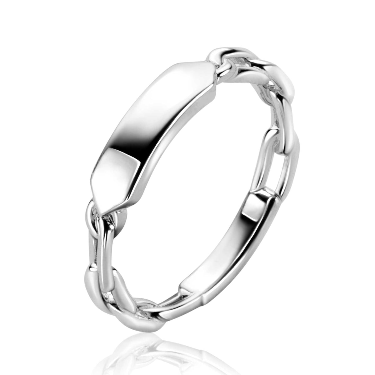 anello in argento con maglia rolò e dettagli geometrici lucidi