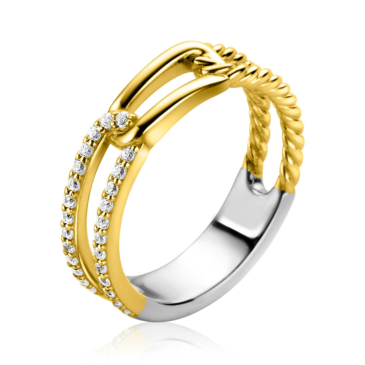 Anello placcato oro con dettagli in argento e zirconi.