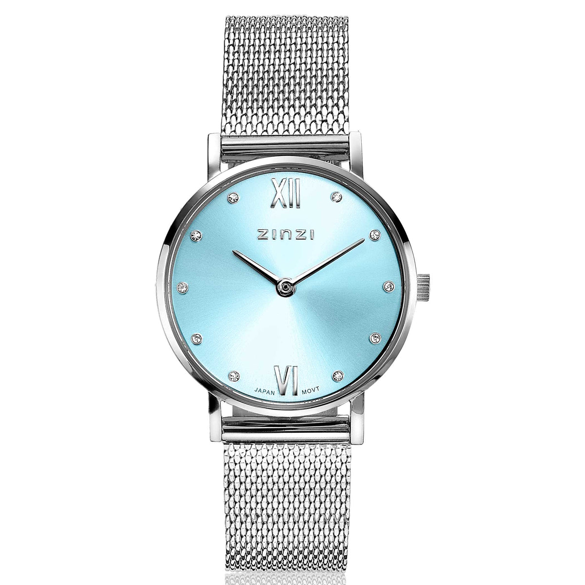 Orologio in acciaio color argento con quadrante blu e dettagli in cristallo.
