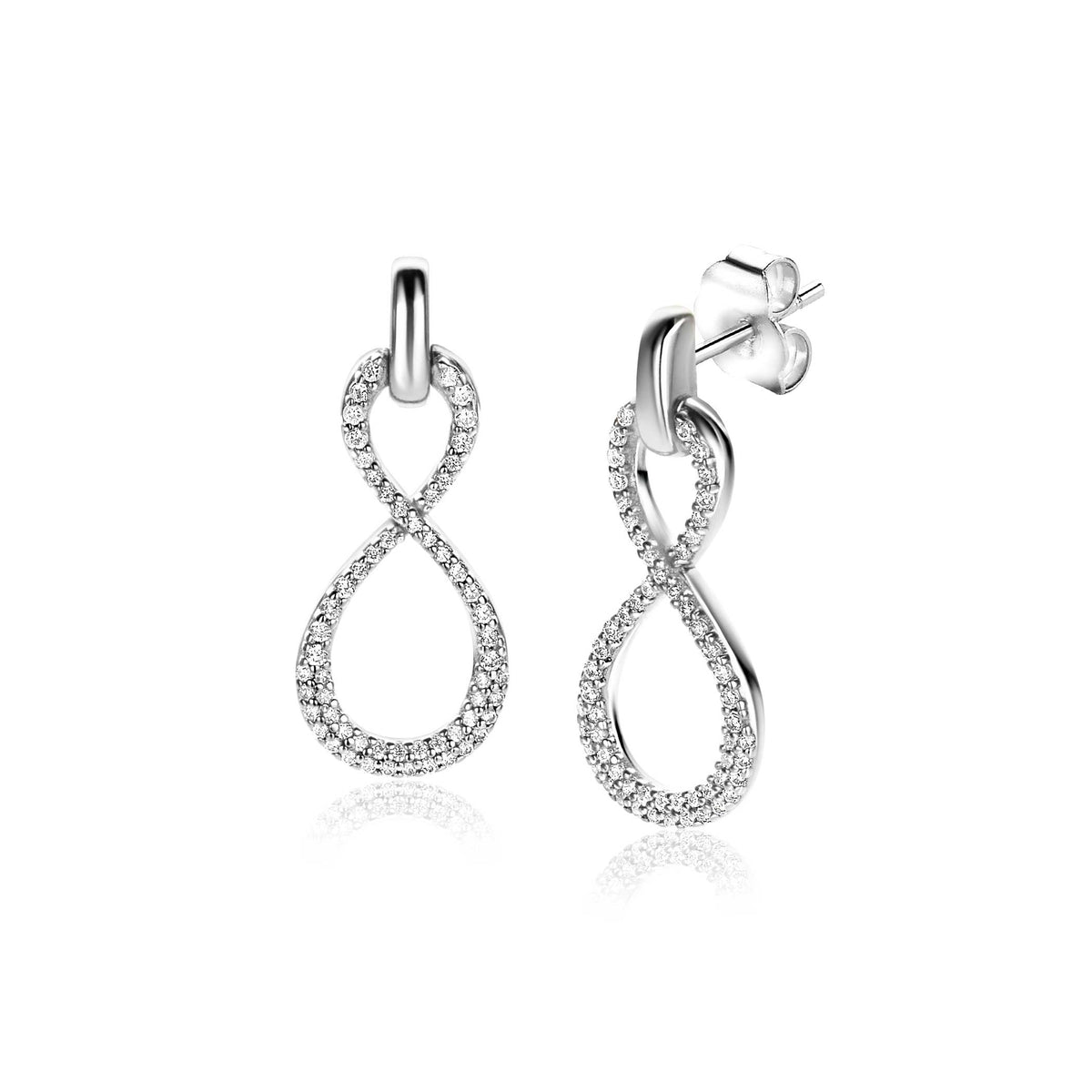 Orecchini in argento a forma di infinito, decorati con zirconi.