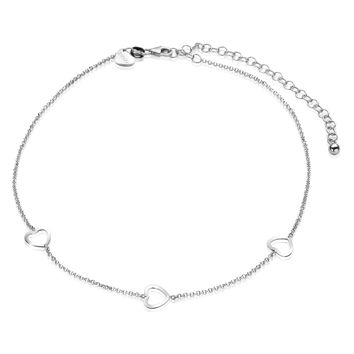 Collana in argento con tre cuori pendenti e chiusura regolabile.
