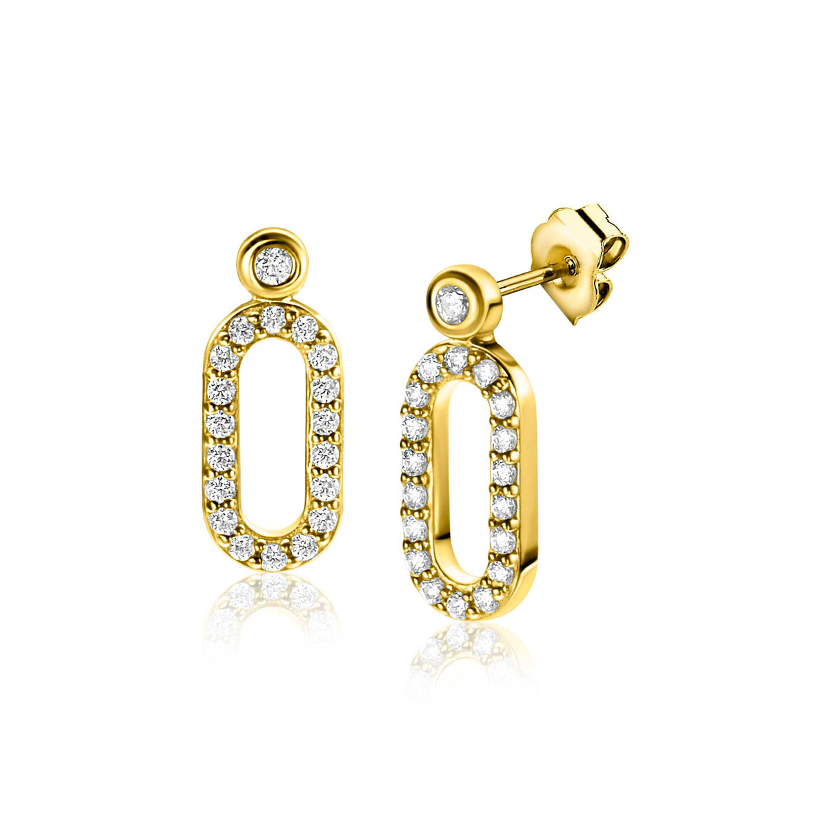 Orecchini in oro con forma ovale, decorati con zirconi trasparenti.