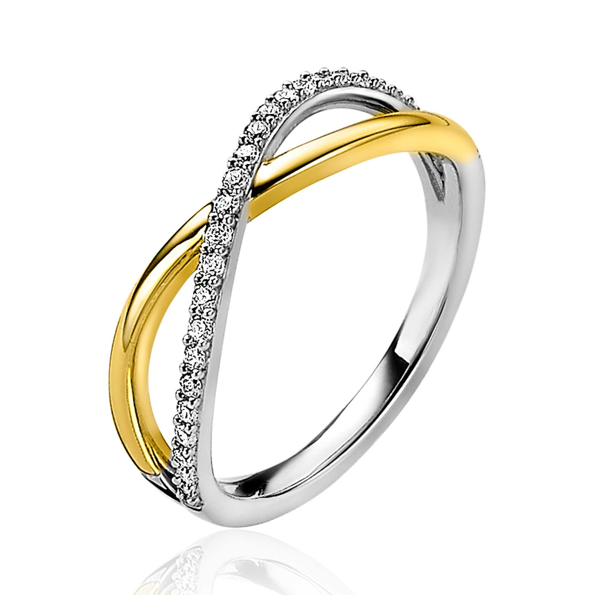 Anello placcato oro con dettagli argentati e zirconi.