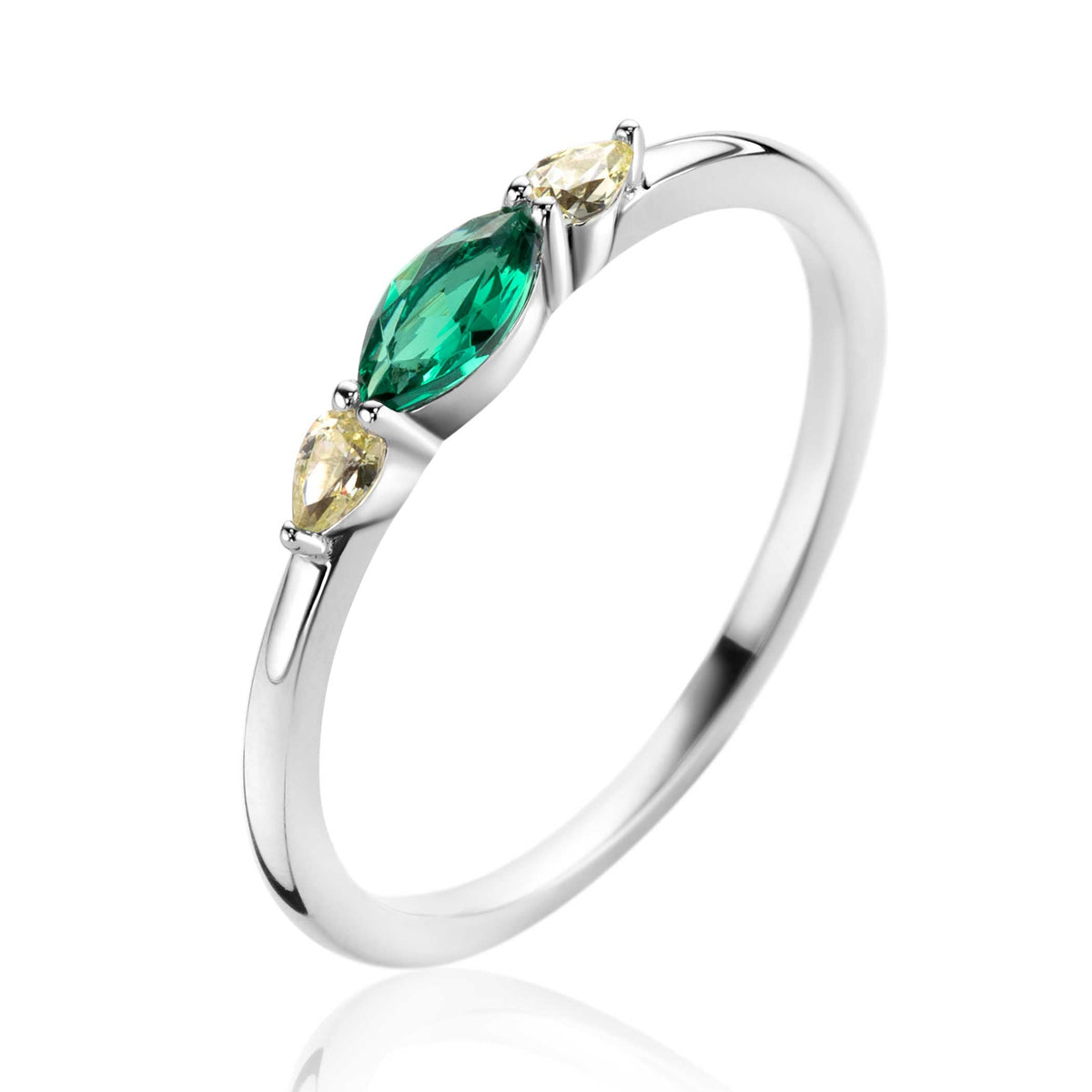 Anello in argento con pietre verdi e gialle a forma di goccia.