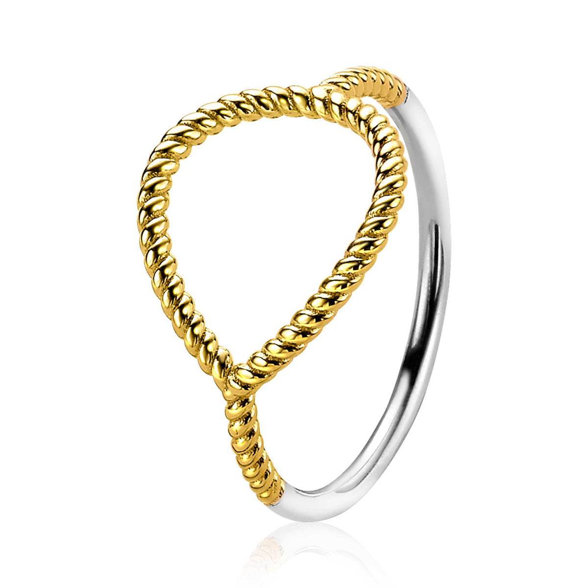 Anello dorato con design intrecciato e finitura argentata.