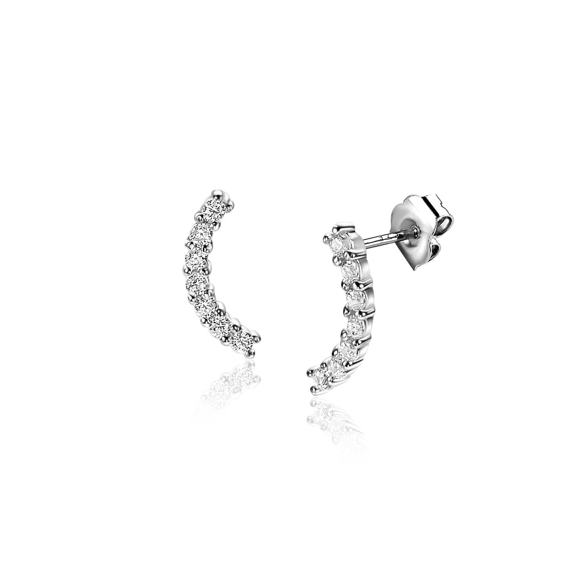 Orecchini in argento con zirconi, a forma di semicerchio, con finitura lucida.