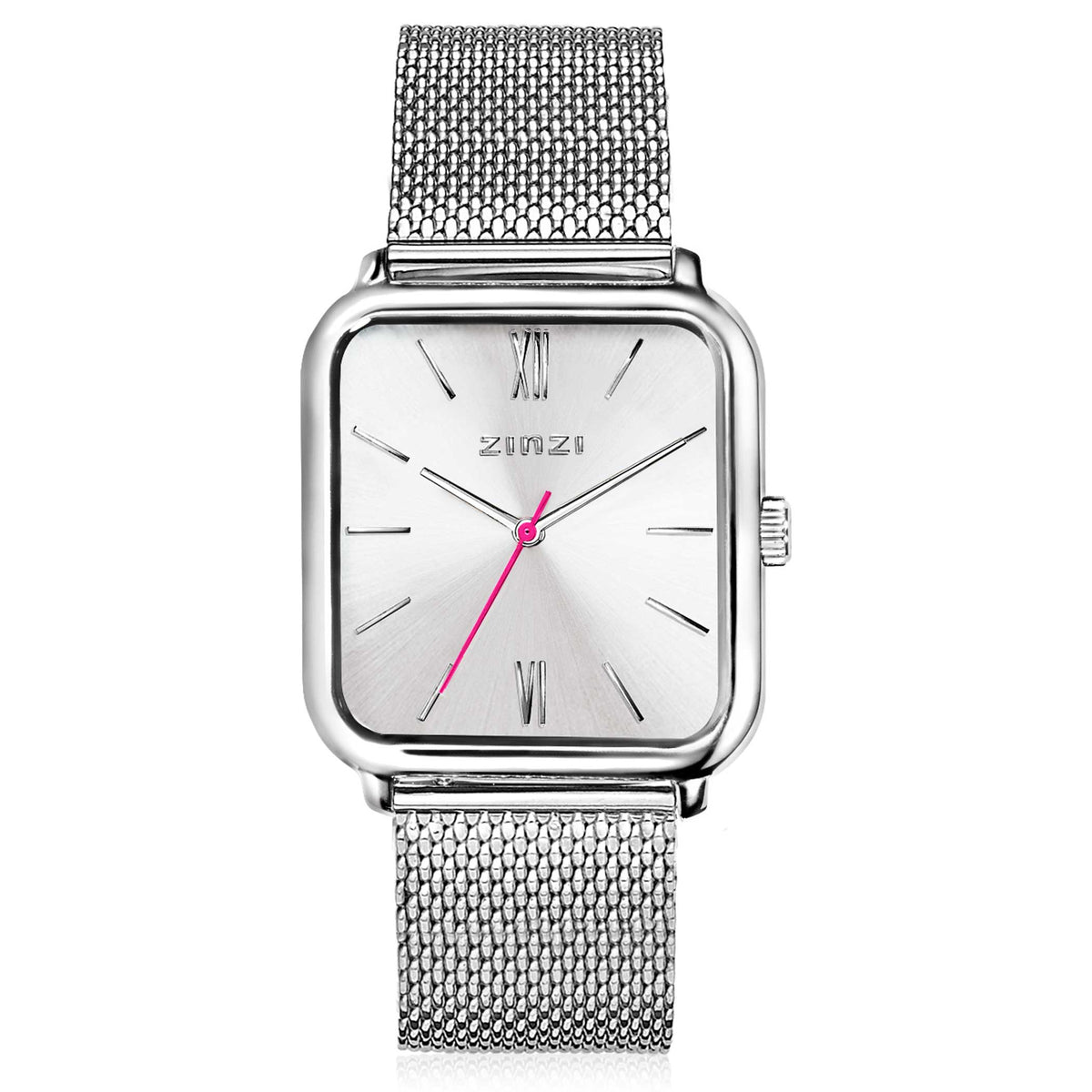 Orologio quadrato in acciaio argentato con cinturino a maglia rolò e dettagli rosa.