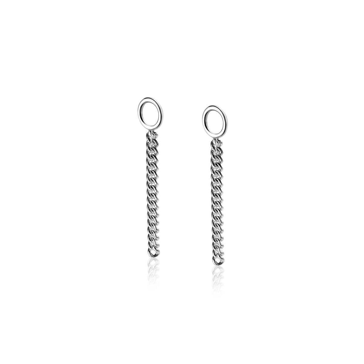 Orecchini in argento con catena pendente e anello superiore.