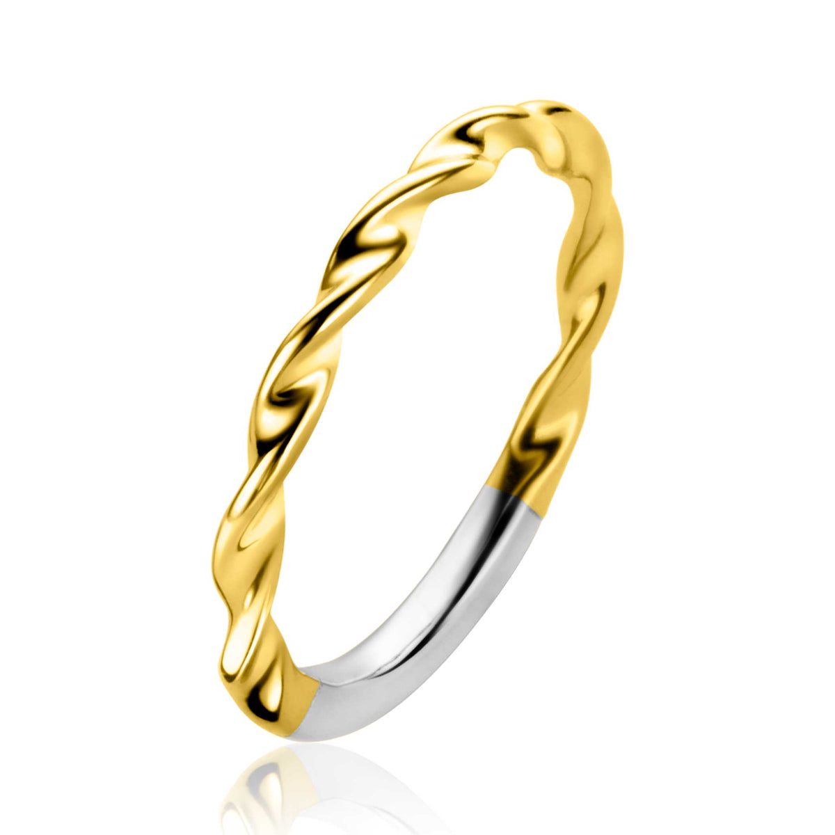 Anello placcato oro con design intrecciato e finitura argentata.