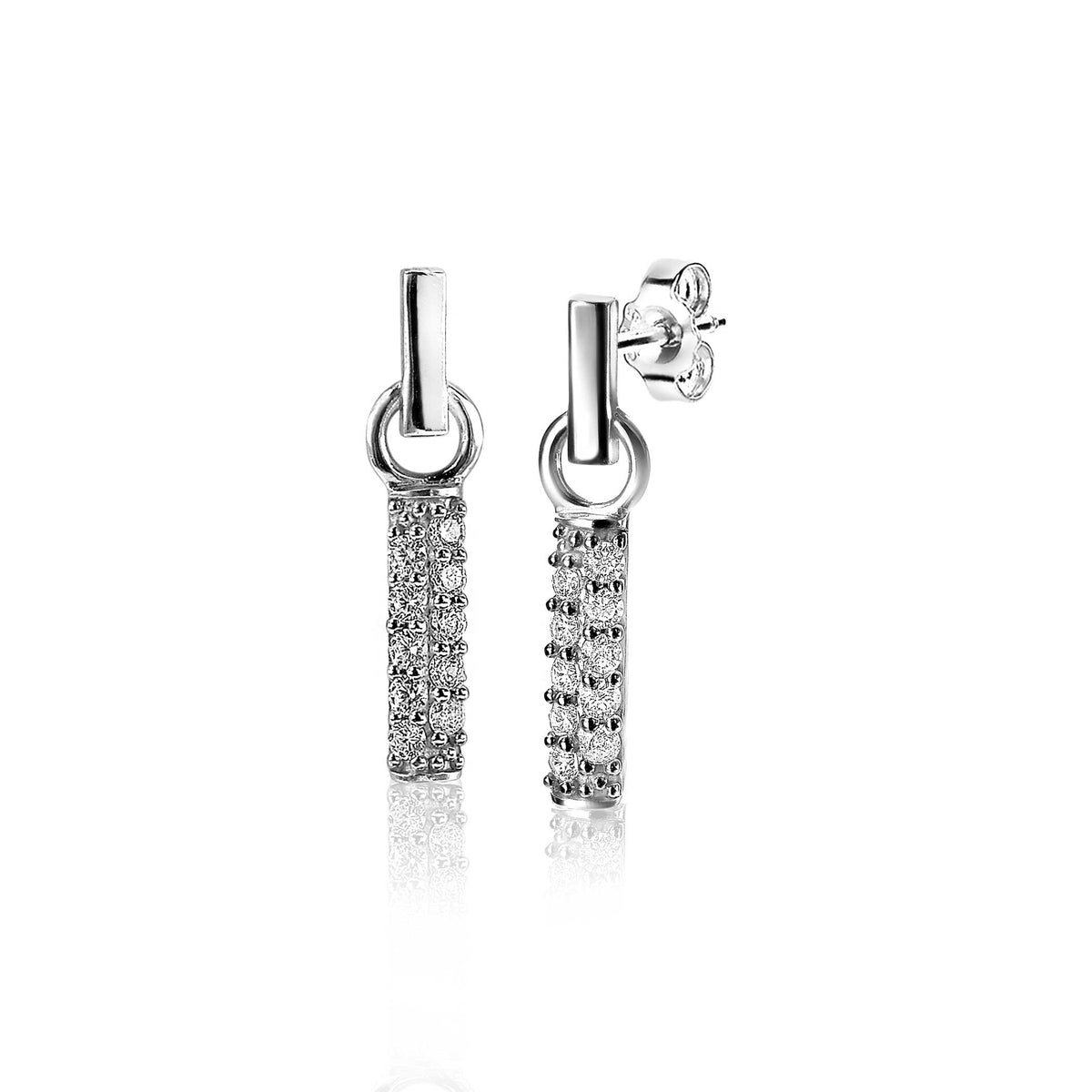Orecchini in argento con pendenti a barre, decorati con zirconi.