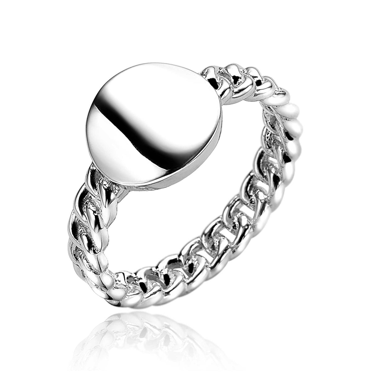 Anello in argento con maglia rolò e superficie liscia rotonda.