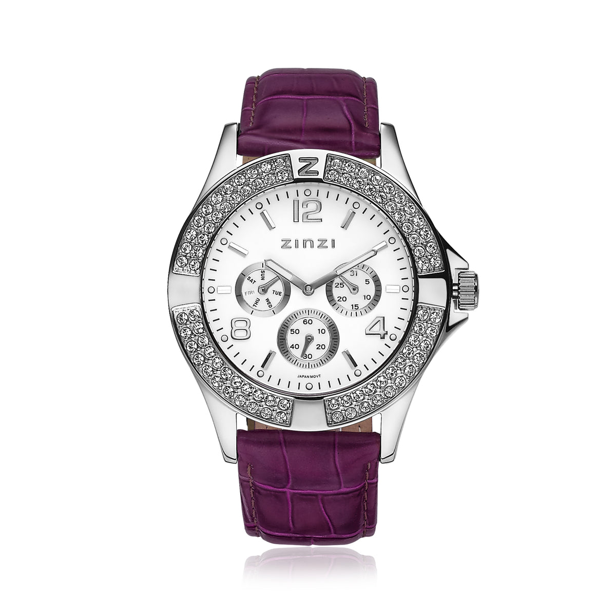 Orologio in acciaio argentato con quadrante bianco, cinturino in pelle viola e dettagli brillanti.