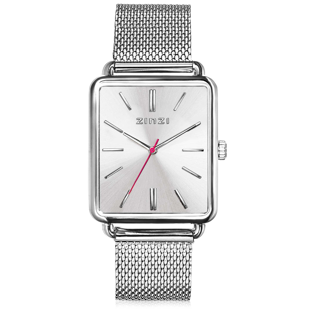Orologio in acciaio argentato con quadrante rettangolare e cinturino a maglia rolò.