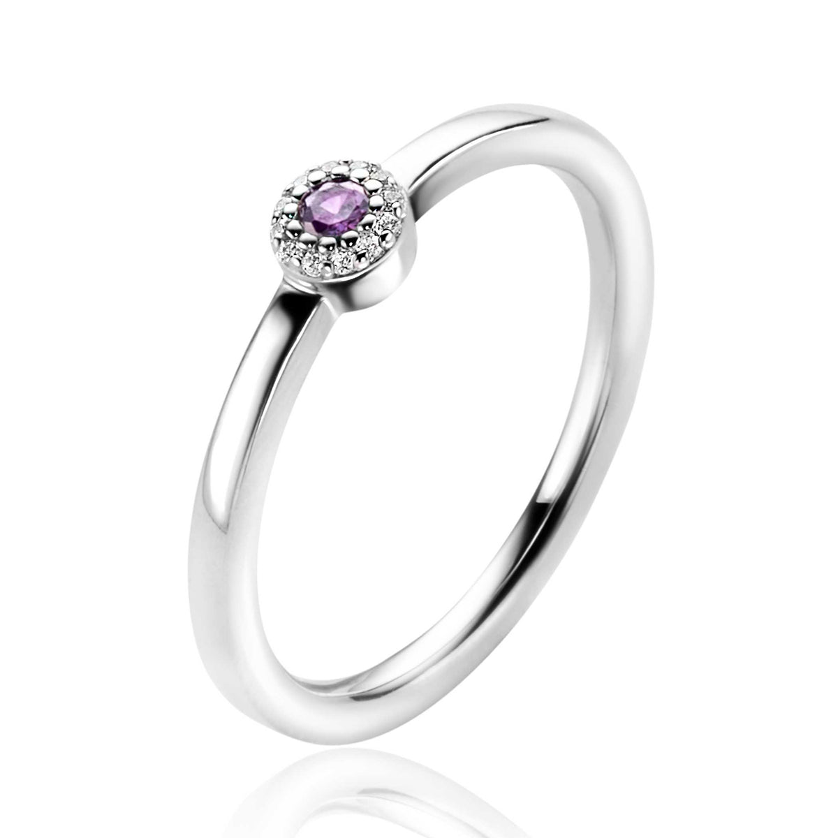 Anello in argento con pietra viola centrale e zirconi.