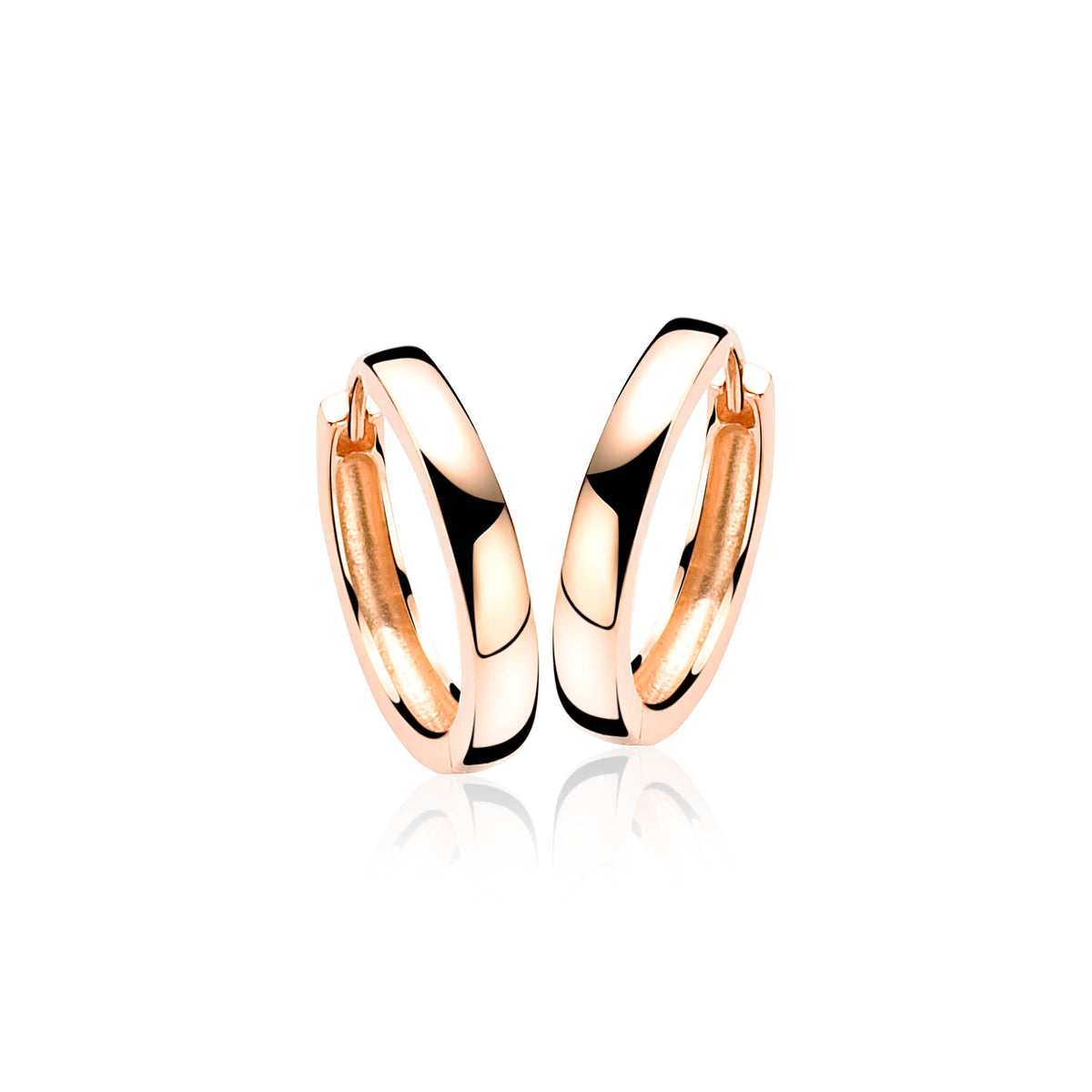 Orecchini in oro rosa placcato con design lucido e forma ovale.