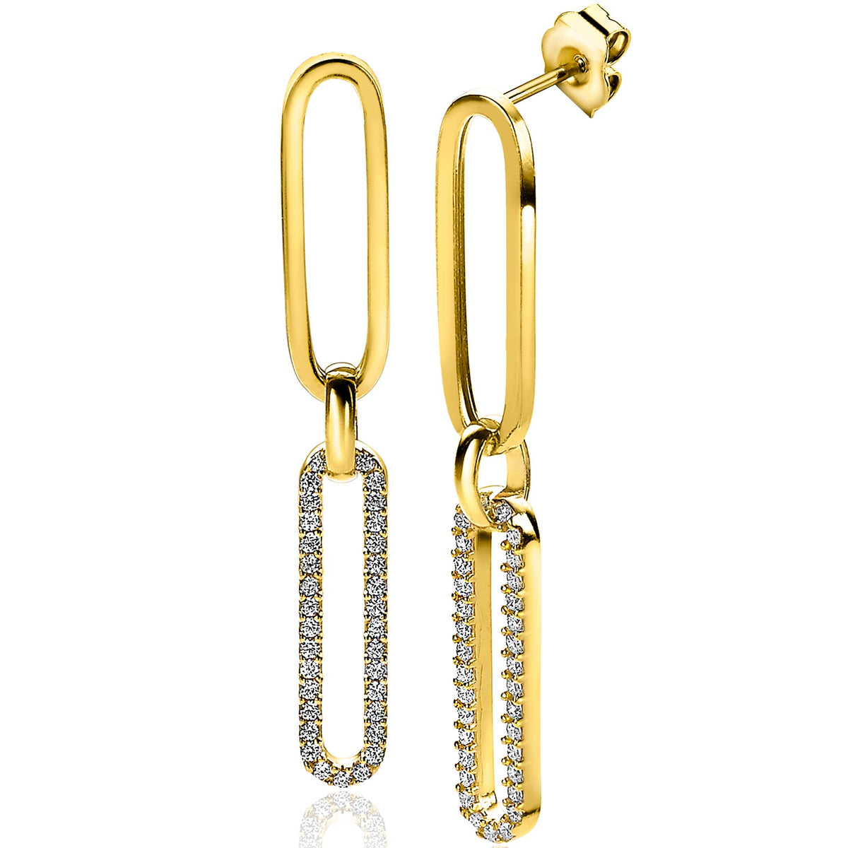 Orecchini in oro giallo placcato con dettagli di strass, forma allungata e pendente.