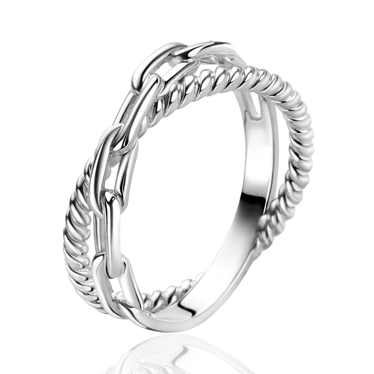 Anello in argento con design intrecciato e dettagli a catena.